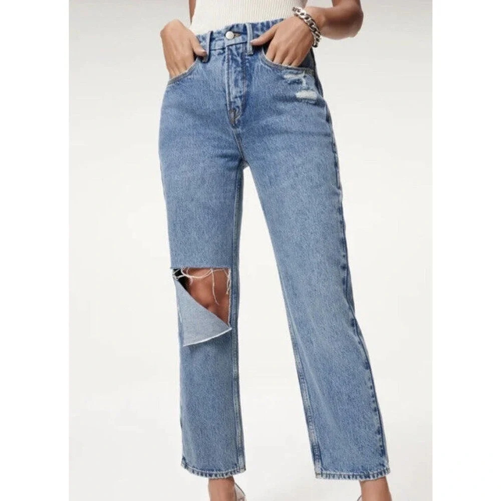 NWT Good American Cotton 90s Icon Duster Straight Leg Jeans 0/25 Blue